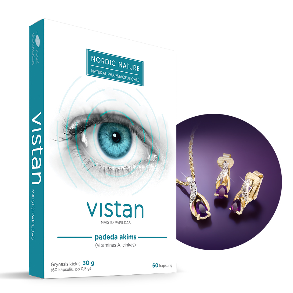 Natural Pharmaceuticals Vistan Maisto papildas Vistan su vitaminu A ir cinku akių sveikatai ir sidabriniu papuošalų rinkiniu su violetiniais akmenimis.