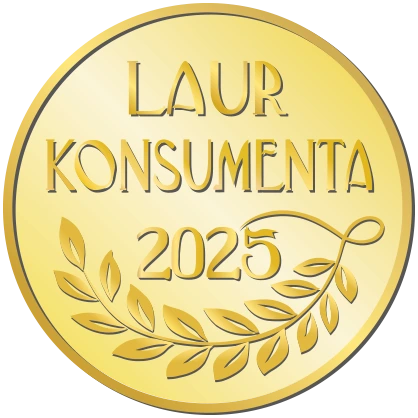 Natural Pharmaceuticals Vistan Aukso spalvos apdovanojimo medalis „Laur Konsumenta 2025“ su dekoratyviu lapų raštu.