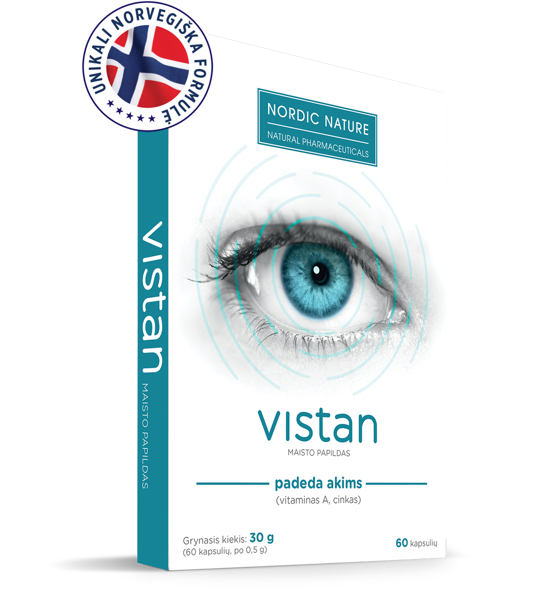 Natural Pharmaceuticals Vistan „Natural Pharmaceuticals“ maisto papildo „Vistan“ pakuotė su mėlynos akies grafika. Dėžutėje pateikiama informacija apie 60 kapsulių (30 g) turinį ir logotipas su Norvegijos vėliava.