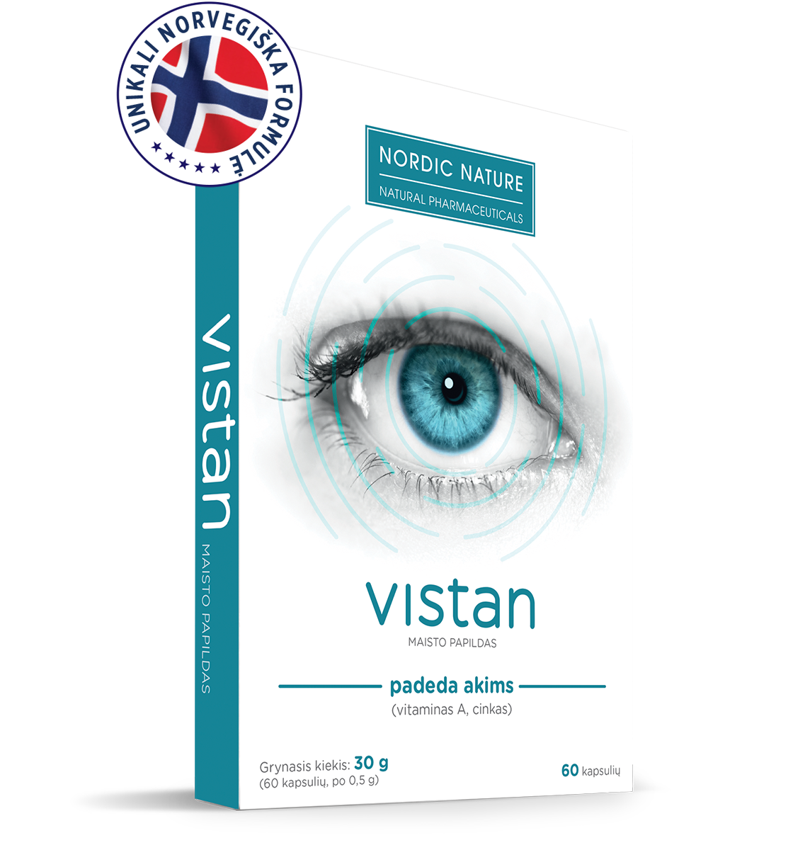 Natural Pharmaceuticals Vistan „Natural Pharmaceuticals“ maisto papildo „Vistan“ pakuotė su mėlynos akies grafika ant priekinės pusės. Dėžutė, kurioje yra 60 kapsulių (30 g).